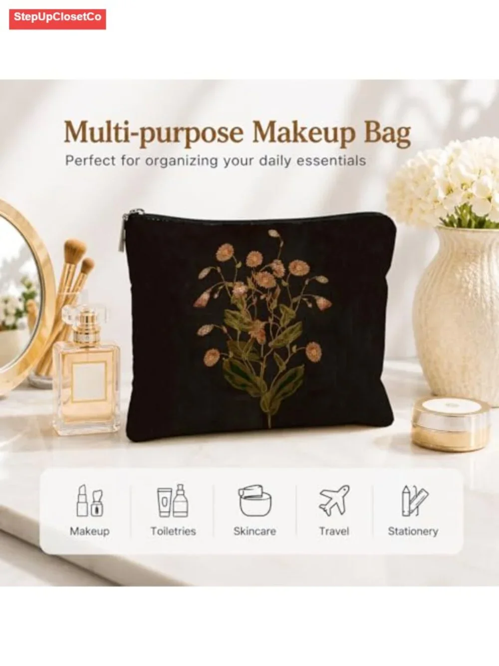 Vintage Floral Linen Cosmetic Bag, Zipper Pouch Travel Toiletry Organizer